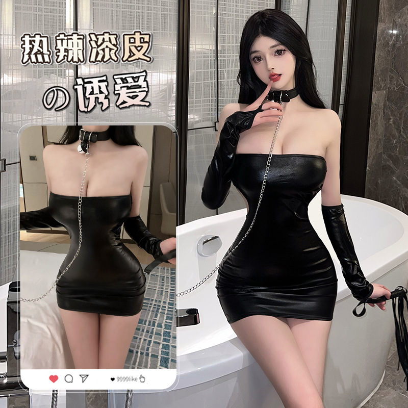 2662潮尚夜总会内衣女王御姐性感抹胸紧身漆皮制服诱惑连体衣套装