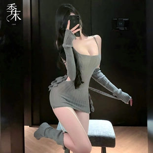 吊带包臀裙女 6880潮尚夜总会夫妻纯欲露背毛衣辣复古深V内衣修身