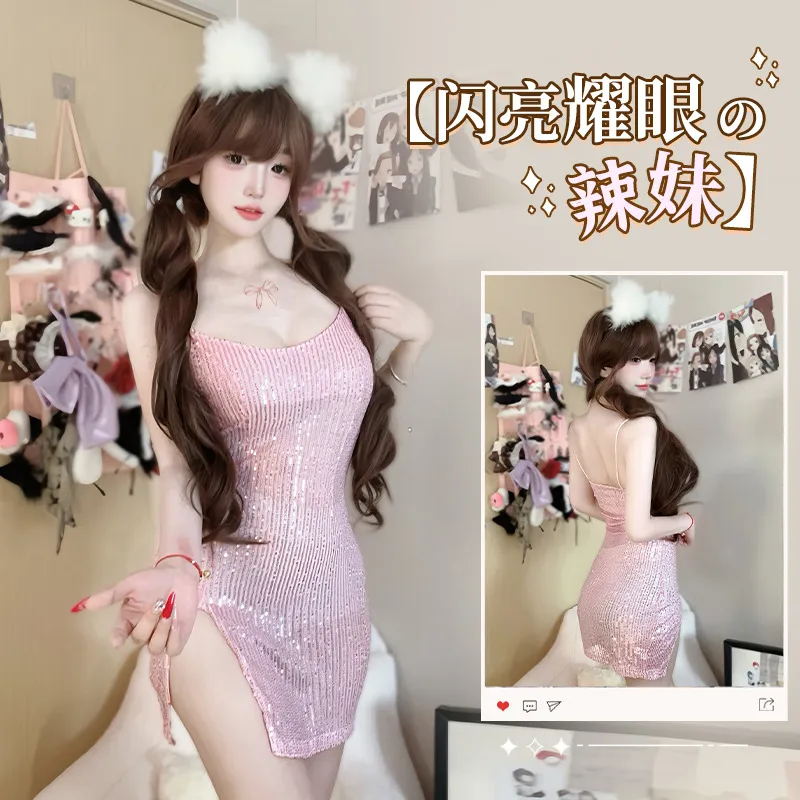 3457潮尚夜总会性感辣妹夜店亮片低胸v领吊带短裙修身包臀连衣裙