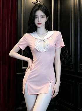 8084纯情COS撞色护长连衣裙制服纯欲风短袖娃娃领护士包臀裙套装