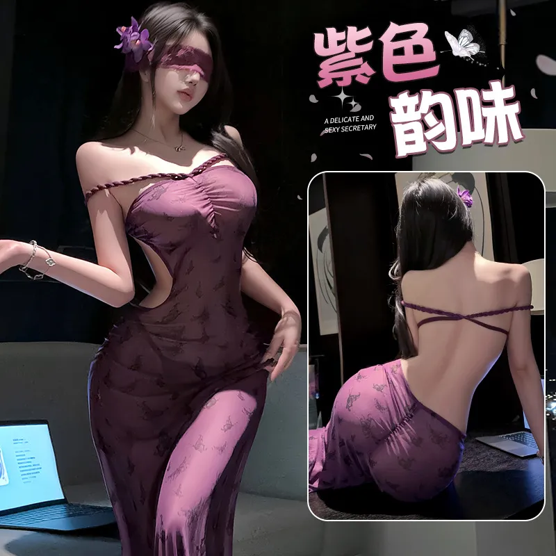 7634潮尚夜总会夫妻内衣性感旗袍印花抹胸柔纱透视弹力紧身长裙