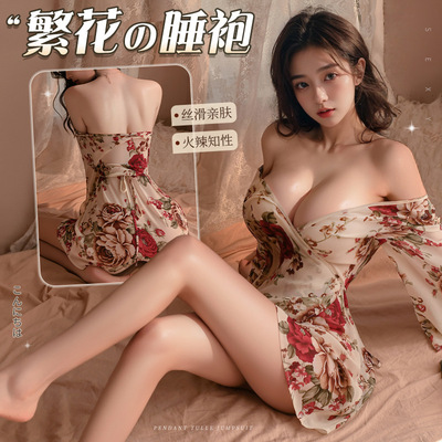 2517潮尚夜总会内衣性感繁花深V睡袍丝滑和服透视睡裙连衣裙