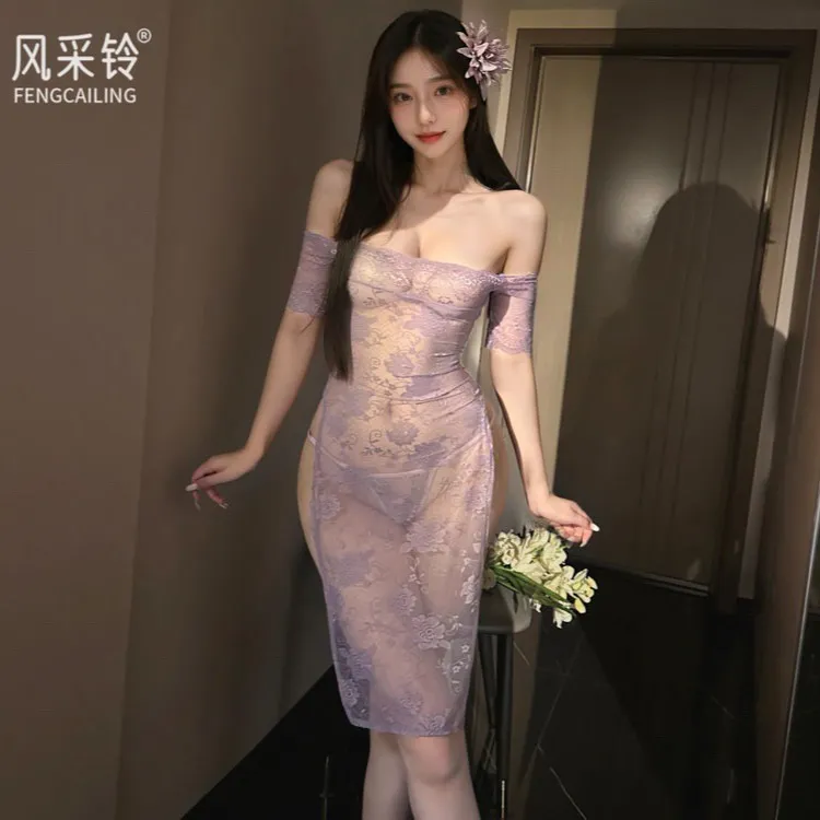 5224紫色内衣蕾丝露肩连衣裙纯欲睡衣qqny旗袍套装辣妹制服