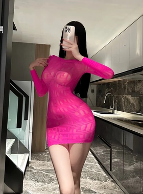6586潮尚夜总会技师内衣欧美外贸包臀裙镂空透视长袖性感连衣裙