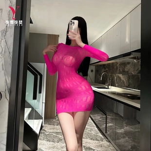 6586潮尚夜总会技师内衣欧美外贸包臀裙镂空透视长袖性感连衣裙