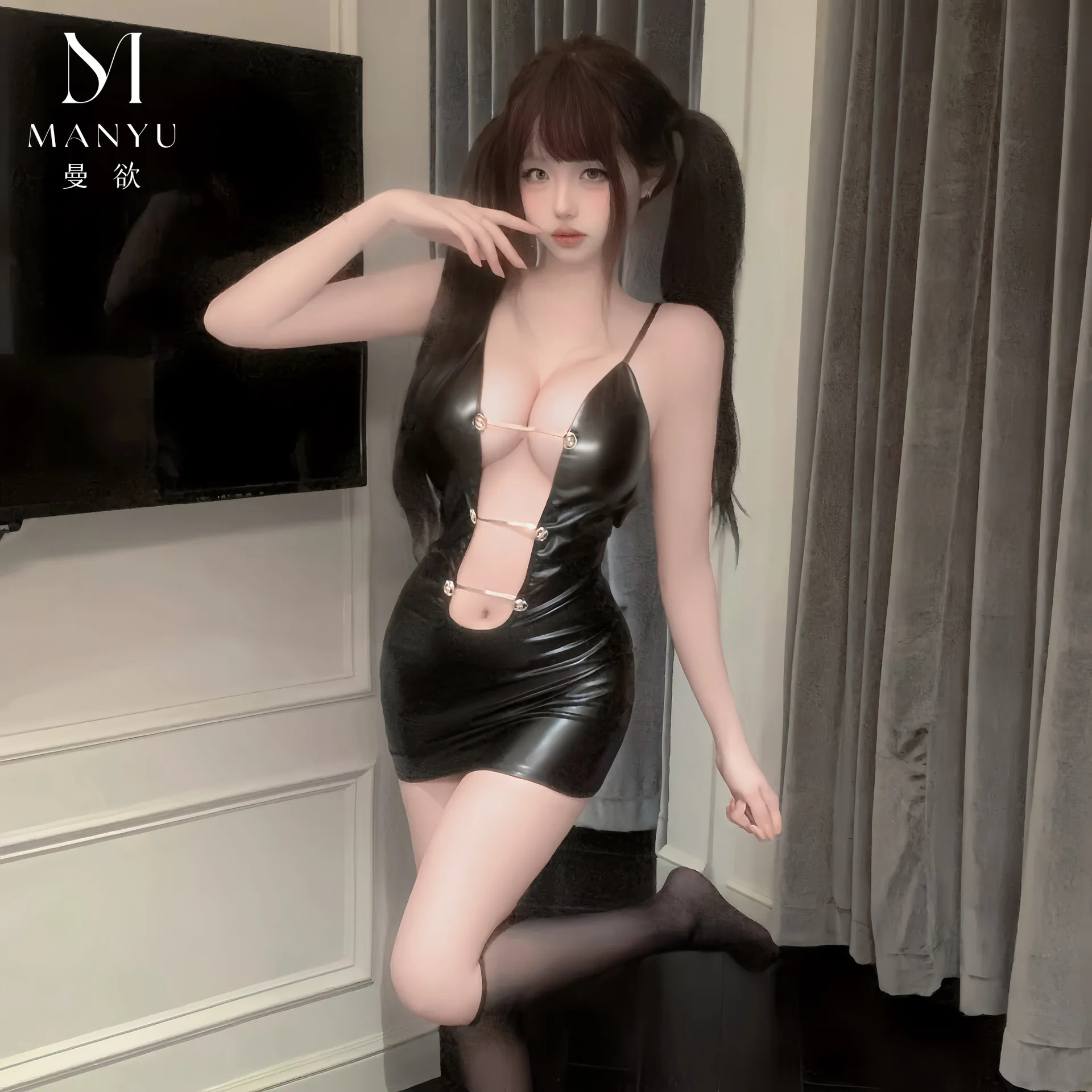 7257潮尚夜总会性感镂空漆皮包臀裙吊带美背肩带夜店制服连衣裙