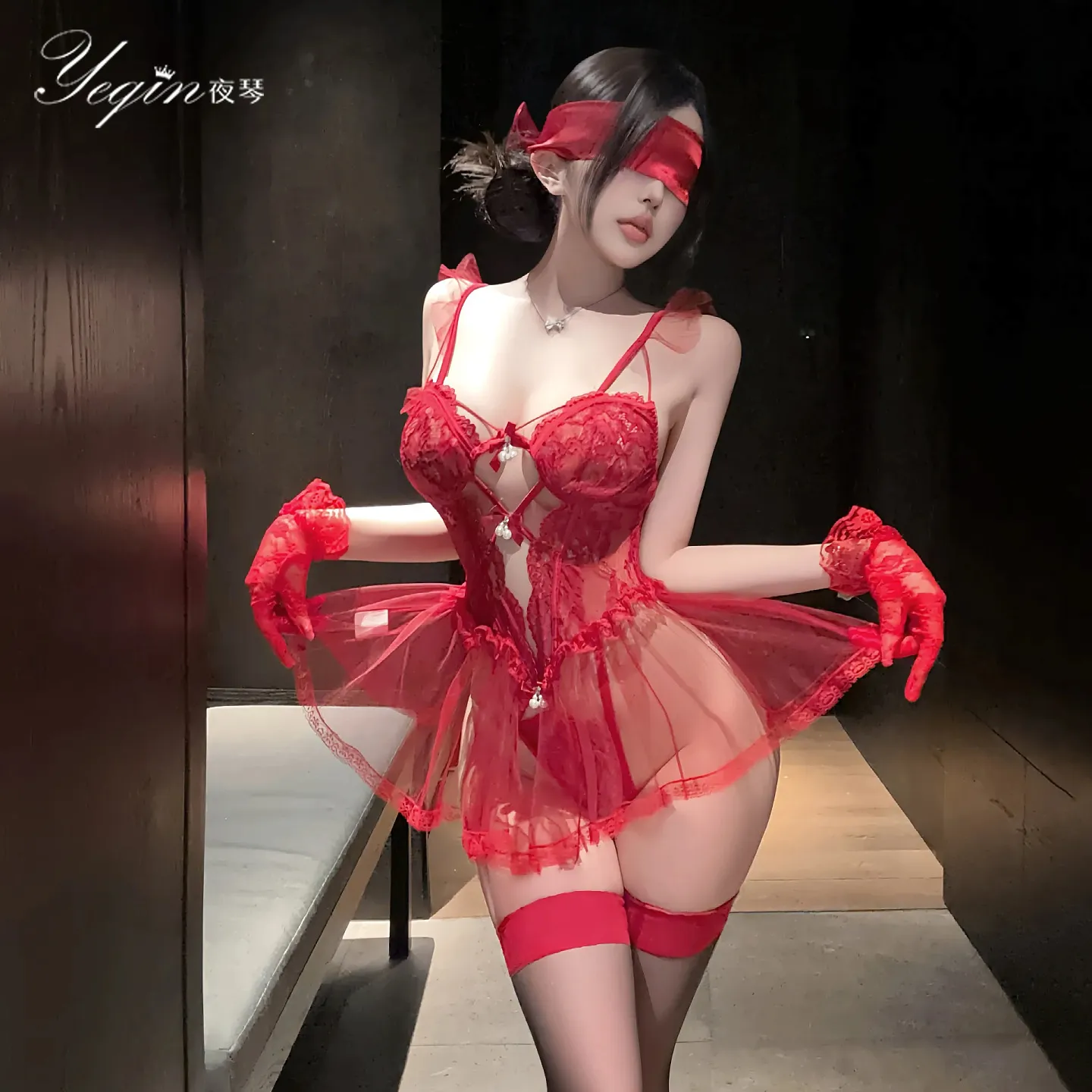 7524潮尚夜总会夫妻连体紧身诱惑火辣开档约会甜美飞袖性感连衣裙