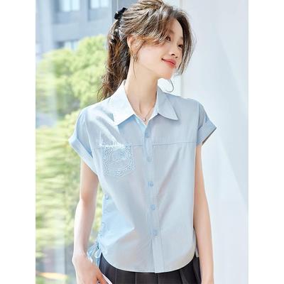 别致口袋蕾丝短袖衬衣女2025夏季设计感宽松系带衬衫法式气质上衣