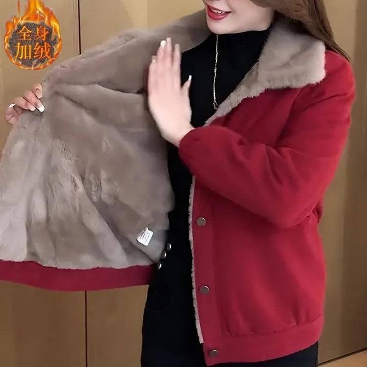 灯芯绒加绒外套女短款2025秋冬新款中老年妈妈休闲宽松加厚夹克衫