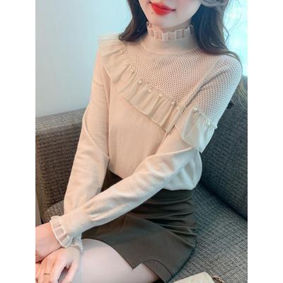 秋冬季2025新款半高领针织打底衫女设计感小众洋气钉珠荷叶边上衣