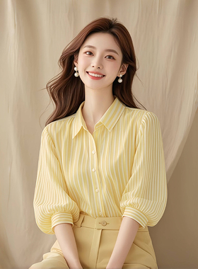黄色polo领条纹薄款防晒半袖衬衫独特超好看上衣夏季女2025新款夏