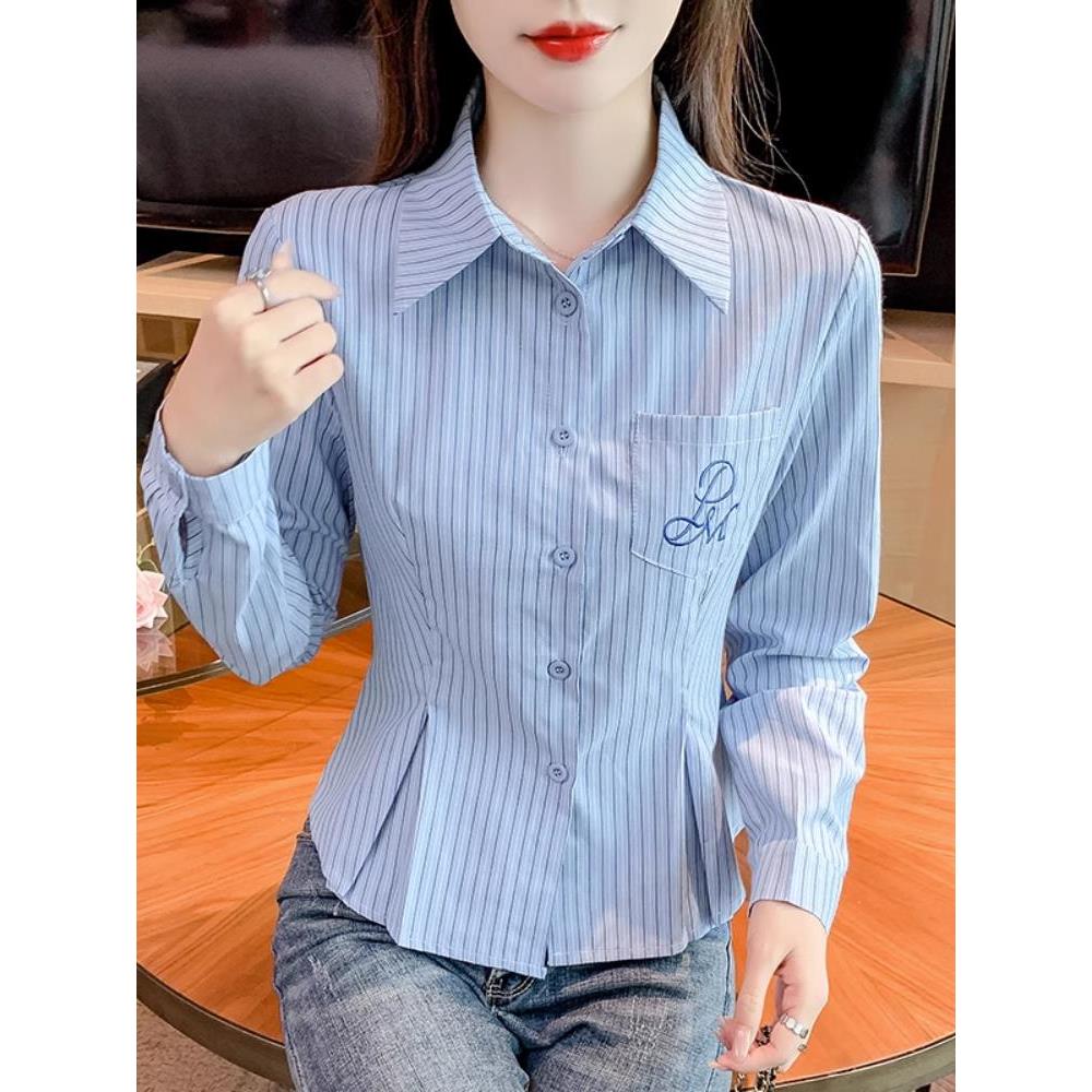 洋气减龄刺绣长袖条纹蓝色衬衫女秋季polo领百褶收腰衬衣修身上衣