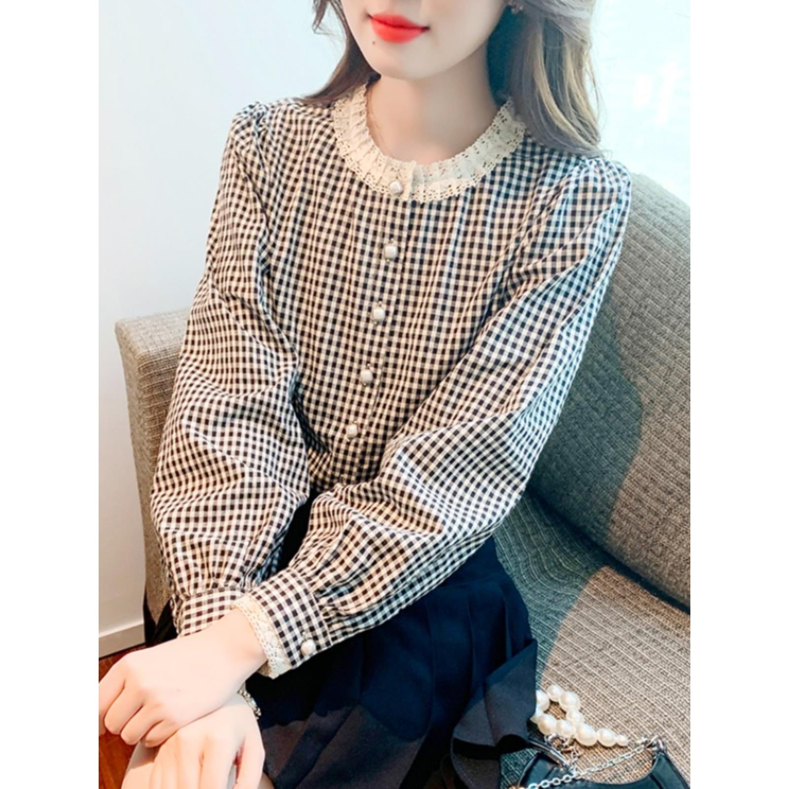 小香风格子雪纺衬衫女春秋2025新款宽松显瘦上衣洋气减龄长袖小衫