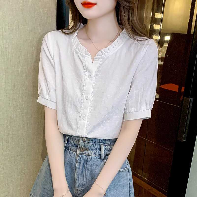 2024夏装新款木耳领纯棉白衬衫女洋气全棉提花刺绣薄款上衣女短袖