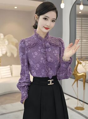 秋冬高级感丝绒长袖衬衫女2025新款独特漂亮加厚紫色蕾丝内搭上衣