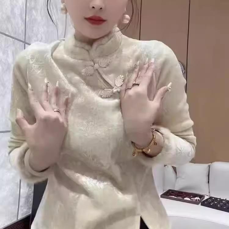 新中式国风修身丝绒衬衫