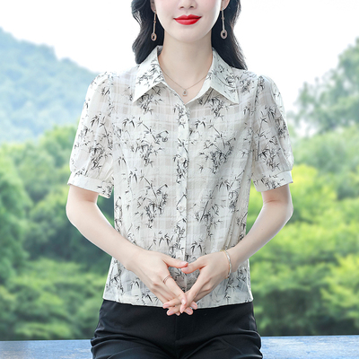 印花雪纺衬衫女短袖2025夏季新款洋气妈妈减龄衬衣宽松遮肚子上衣