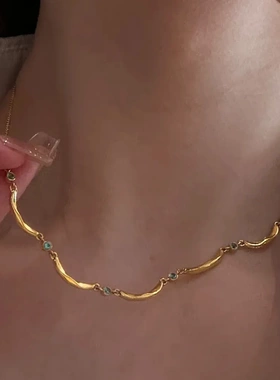 缘绘凤仪 波浪形拼接锁骨链女气质复古高级感微镶蓝钻项链冷淡风
