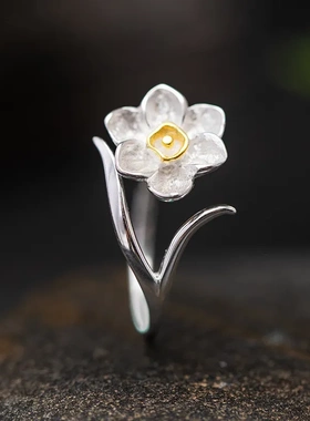 缘绘凤仪 s925银原创设计国潮花卉指环女时尚个性水仙花活口戒指