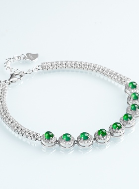 缘绘凤仪 天然A货翡翠阳绿九连珠手链冰种玉石S925银镶 有证书