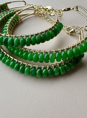 缘绘凤仪 25干青玉石算盘珠 深绿 14K包金编织手镯