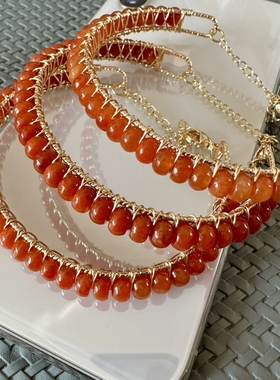 缘绘凤仪 天然红翡手镯 镀金14K丝线缠绕手镯  珠直径4*6 水头好