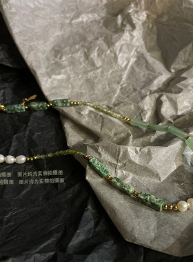 国风天然石淡水珍珠项链渐变绿色橄榄石项链高级拼接复古项链女