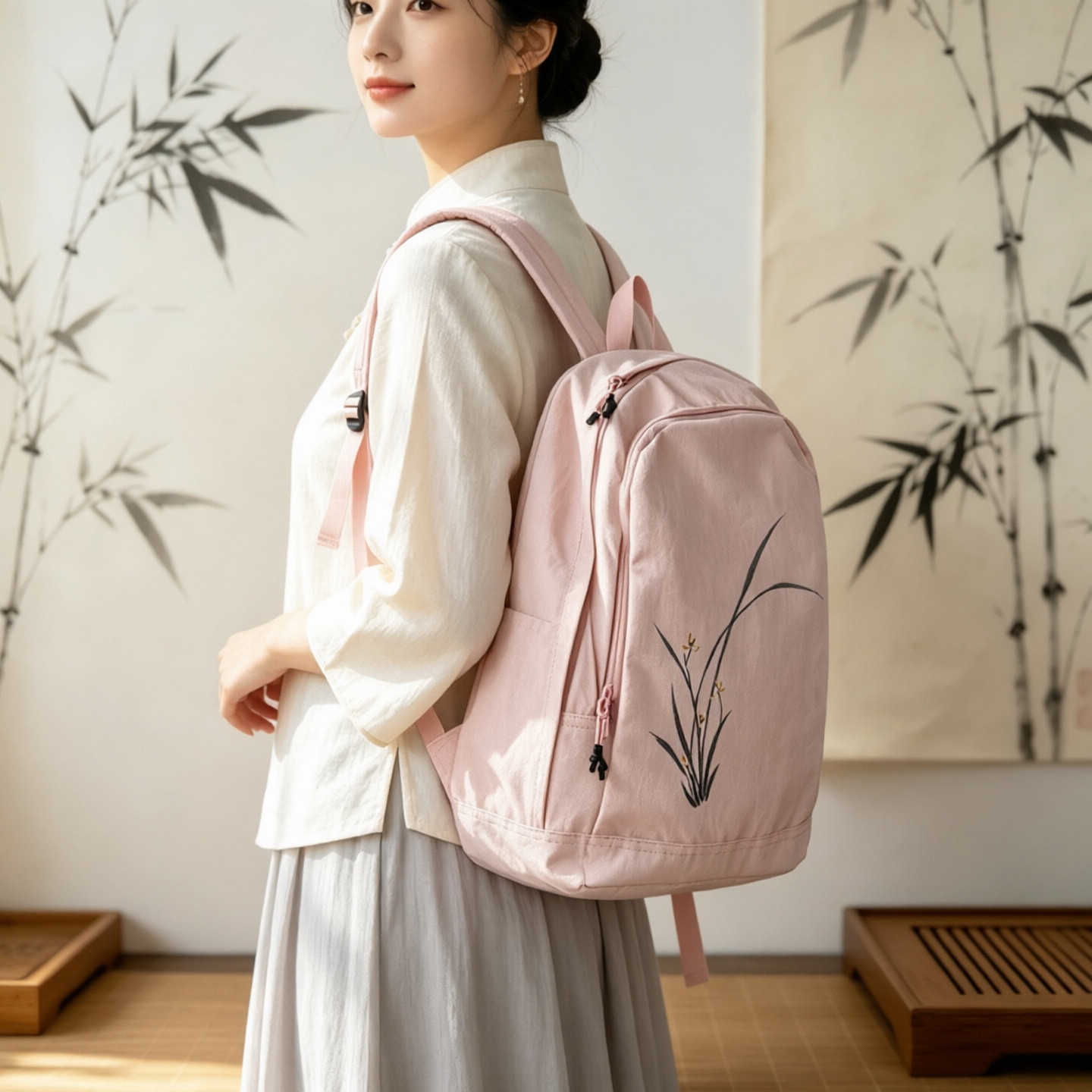 原创手绘兰花国风帆布包双肩包女款大容量帆布包45*36*20厘米