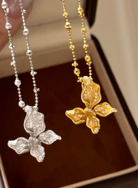 缘绘凤仪 轻奢风S925银拉丝蝴蝶项链微镶锆石复古感拉丝蝴蝶耳钉