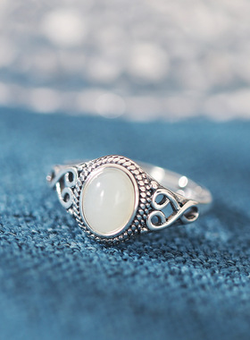 缘绘凤仪 南红玛瑙戒指蛋面和田玉女款祥云s925银镶嵌活口