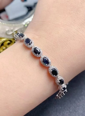 缘绘凤仪 天然山蓝蓝宝石4*6手链 无加色 925银精工镶嵌手镯