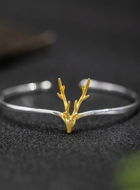 缘绘凤仪 s925银原创设计个性鹿角手环女创意简约一鹿有你手镯