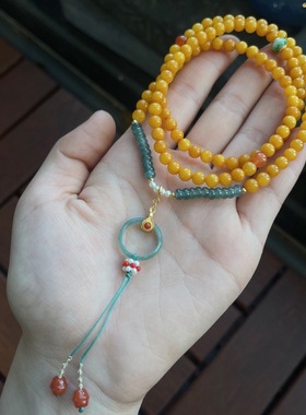 缘绘凤仪天然鸡油黄蜜蜡多圈手链925银镀金中国风a货蓝水翡翠跑环