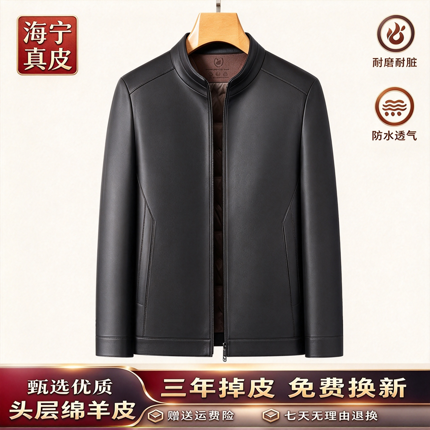 新款冬季海宁真皮皮衣男绵羊皮中老年羽绒服爸爸装皮夹克休闲外套