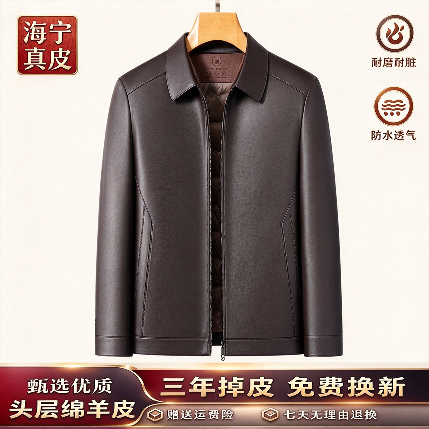 冬季新款海宁真皮皮衣男士绵羊皮中年羽绒服爸爸装皮夹克帅气外套