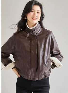 25秋冬复古美拉德加绒立领短皮衣外套女美式机车羊羔毛夹克29023