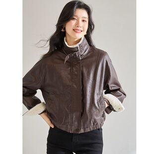 25秋冬复古美拉德加绒立领短皮衣外套女美式机车羊羔毛夹克29023