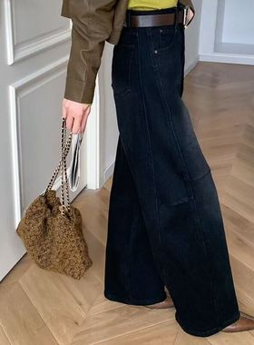 25冬款高腰显瘦百搭复古弯刀裤宽松加绒加厚阔腿牛仔裤女22720