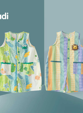 儿童连体裤夏季薄款兄妹装衣服夏装超萌洋气无袖涂鸦童装海边穿搭