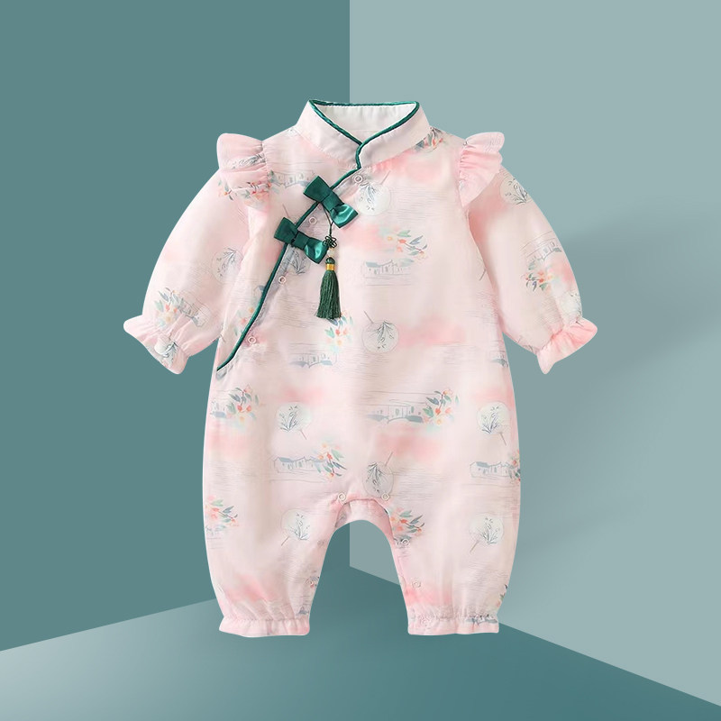 婴儿衣服春装女宝宝连体衣公主满月百天旗袍哈衣周岁礼服春秋外出