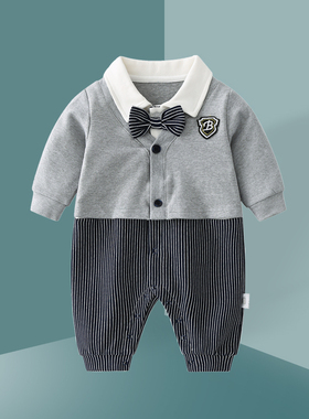 婴儿衣服秋装男宝宝连体衣一周岁礼服生日宴抓周满月百天哈衣帅气