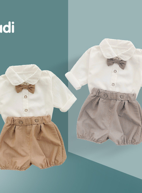 婴儿周岁礼服夏季套装帅气2岁3男童衣服背带裤宝宝领结小衬衫秋装