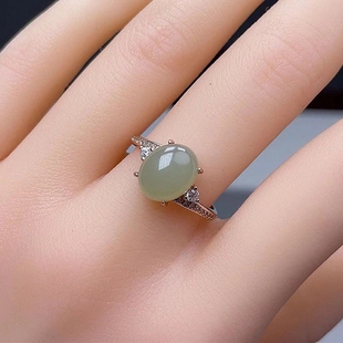 和田玉戒指925银镶嵌和田玉女戒 女士精致冰晴色时尚可调节玉戒指