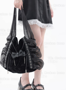 Broken bone原创 单肩大容量仙女手提褶皱包丝绒亮皮纱拼接云朵包