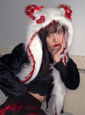 Broken bone原创毛绒帽子朋克可爱猫耳朵头饰手套围巾帽三件一体