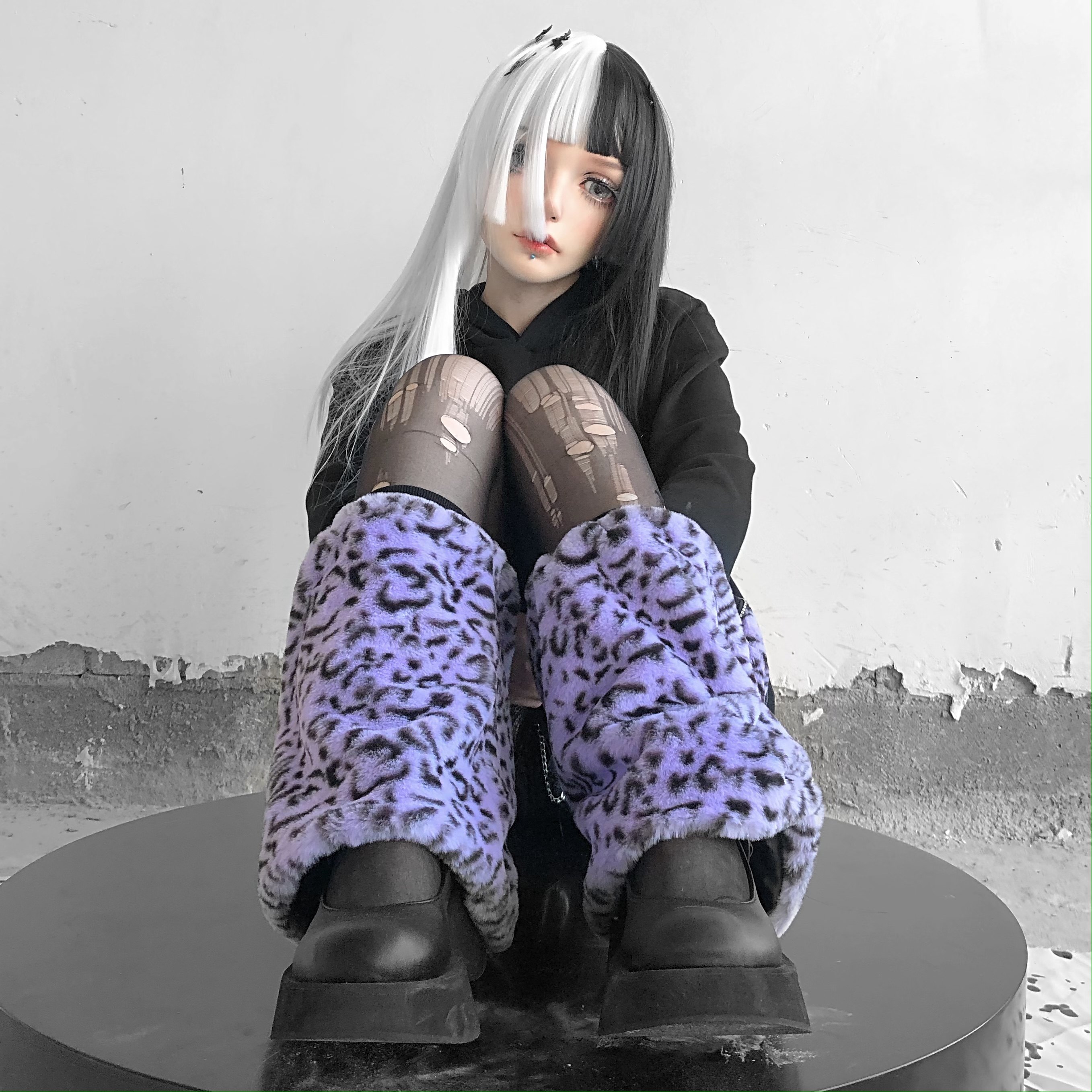 原创朋克可爱辣妹紫色秋冬腿套
