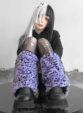 Broken bone原创朋克可爱辣妹紫色小豹纹原宿毛茸茸腿套袜套秋冬