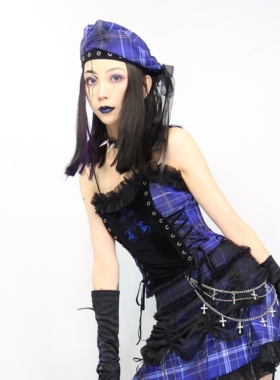 Broken bone原创哥特朋克小众蓝色氛围感格纹抽绳绑带辣妹贝雷帽