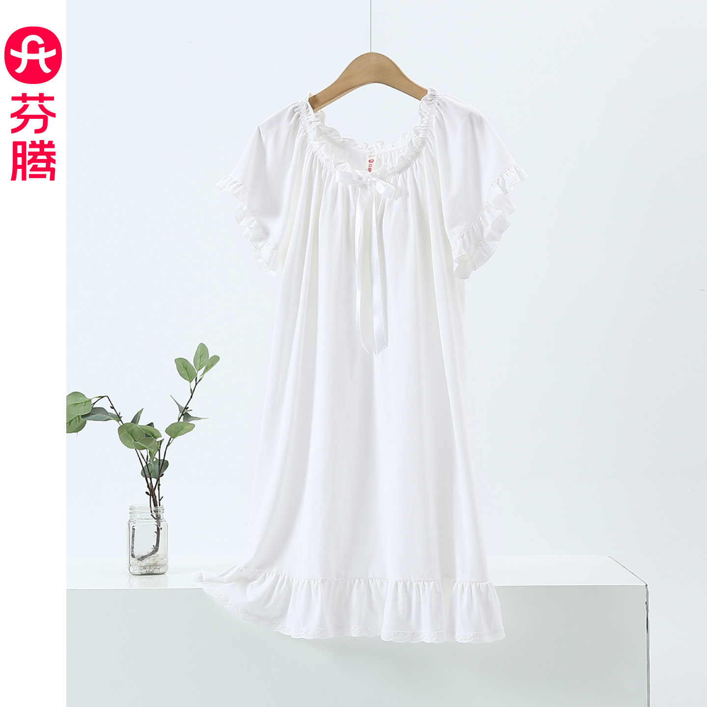 芬腾2026新款公主风白色短袖睡裙带胸垫女夏纯棉荷叶边系带家居服