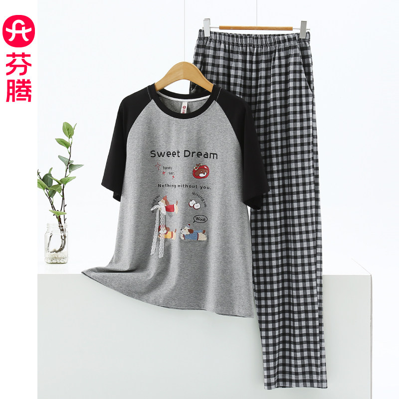 芬腾睡衣女款夏季纯棉短袖套头薄款可外穿休闲夏款全棉家居服套装